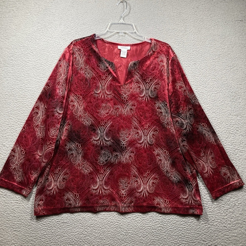 Avenue Top Women's Plus 22/24 Red Velvet Metallic Long Sleeve Festive Whimsigoth